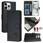 For iPhone 15 Pro Max Cat Rat Embossed Pattern RFID PU Phone Case with Wrist Strap(Black)