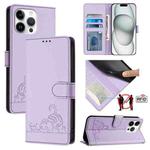 For iPhone 15 Pro Max Cat Rat Embossed Pattern RFID PU Phone Case with Wrist Strap(Purple)