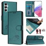 For Samsung Galaxy A05S 4G Global Cat Rat Embossed Pattern RFID PU Phone Case with Wrist Strap(Peacock Green)