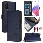 For Samsung Galaxy S20 FE 2022 Cat Rat Embossed Pattern RFID PU Phone Case with Wrist Strap(Blue)