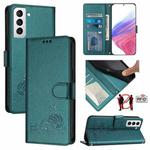 For Samsung Galax S21+ Cat Rat Embossed Pattern RFID PU Phone Case with Wrist Strap(Peacock Green)