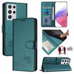 For Samsung Galax S21 Ultra Cat Rat Embossed Pattern RFID PU Phone Case with Wrist Strap(Peacock Green)