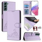 For Samsung Galax S22+ 5G Cat Rat Embossed Pattern RFID PU Phone Case with Wrist Strap(Purple)