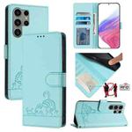 For Samsung Galax S23 Ultra 5G Cat Rat Embossed Pattern RFID PU Phone Case with Wrist Strap(Mint Green)