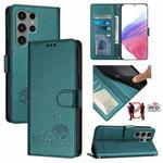 For Samsung Galax S23 Ultra 5G Cat Rat Embossed Pattern RFID PU Phone Case with Wrist Strap(Peacock Green)