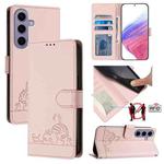 For Samsung Galax S24 5G Cat Rat Embossed Pattern RFID PU Phone Case with Wrist Strap(Pink)