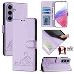 For Samsung Galax S24 5G Cat Rat Embossed Pattern RFID PU Phone Case with Wrist Strap(Purple)