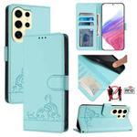 For Samsung Galax S24 Ultra 5G Cat Rat Embossed Pattern RFID PU Phone Case with Wrist Strap(Mint Green)