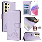 For Samsung Galax S24 Ultra 5G Cat Rat Embossed Pattern RFID PU Phone Case with Wrist Strap(Purple)