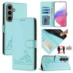 For Samsung Galax S24+ 5G Cat Rat Embossed Pattern RFID PU Phone Case with Wrist Strap(Mint Green)