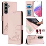 For Samsung Galax S24+ 5G Cat Rat Embossed Pattern RFID PU Phone Case with Wrist Strap(Pink)