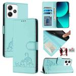 For Xiaomi Redmi 12 4G India Cat Rat Embossed Pattern RFID PU Phone Case with Wrist Strap(Mint Green)