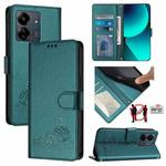 For Xiaomi POCO C65 Global Cat Rat Embossed Pattern RFID PU Phone Case with Wrist Strap(Peacock Green)