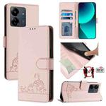 For Xiaomi POCO M6 5G Global Cat Rat Embossed Pattern RFID PU Phone Case with Wrist Strap(Pink)