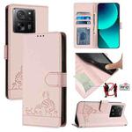 For Xiaomi 13T 5G Global Cat Rat Embossed Pattern RFID PU Phone Case with Wrist Strap(Pink)