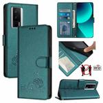 For Xiaomi Redmi K60 Pro Cat Rat Embossed Pattern RFID PU Phone Case with Wrist Strap(Peacock Green)