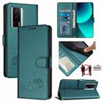 For Xiaomi POCO F5 Pro Cat Rat Embossed Pattern RFID PU Phone Case with Wrist Strap(Peacock Green)