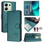 For Xiaomi Redmi Note 13 4G Global Cat Rat Embossed Pattern RFID PU Phone Case with Wrist Strap(Peacock Green)