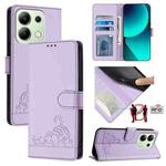 For Xiaomi Redmi Note 13 4G Global Cat Rat Embossed Pattern RFID PU Phone Case with Wrist Strap(Purple)