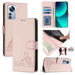 For Xiaomi 12S Pro Cat Rat Embossed Pattern RFID PU Phone Case with Wrist Strap(Pink)