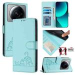 For Xiaomi 12S Ultra Cat Rat Embossed Pattern RFID PU Phone Case with Wrist Strap(Mint Green)