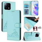 For Xiaomi 13 Cat Rat Embossed Pattern RFID PU Phone Case with Wrist Strap(Mint Green)