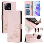 For Xiaomi 13 Cat Rat Embossed Pattern RFID PU Phone Case with Wrist Strap(Pink)