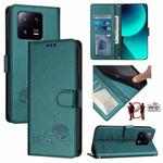 For Xiaomi 13 Pro Cat Rat Embossed Pattern RFID PU Phone Case with Wrist Strap(Peacock Green)