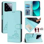 For Xiaomi 14 Pro Cat Rat Embossed Pattern RFID PU Phone Case with Wrist Strap(Mint Green)