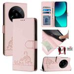 For Xiaomi 14 Ultra 5G Global Cat Rat Embossed Pattern RFID PU Phone Case with Wrist Strap(Pink)