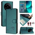 For Xiaomi 14 Ultra 5G Global Cat Rat Embossed Pattern RFID PU Phone Case with Wrist Strap(Peacock Green)