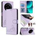 For Xiaomi 14 Ultra 5G Global Cat Rat Embossed Pattern RFID PU Phone Case with Wrist Strap(Purple)