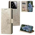 For Xiaomi 15 Totem Flower Embossed Leather Phone Case with Lanyard(Gold)