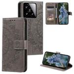 For Xiaomi 15 Totem Flower Embossed Leather Phone Case with Lanyard(Grey)