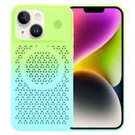 For iPhone 14 Plus Gradient Color Honeycomb Aromatherapy MagSafe Phone Case(Green Blue)