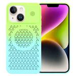 For iPhone 14 Honeycomb Cooling Aromatherapy MagSafe Phone Case(Green Blue)