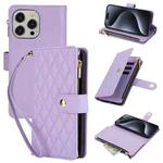 For iPhone 15 Pro Max YM016 Rhombic Zipper Card Wallet Leather Phone Case with Lanyard(Light Purple)