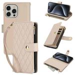 For iPhone 15 Pro Max YM016 Rhombic Zipper Card Wallet Leather Phone Case with Lanyard(Apricot)