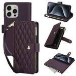 For iPhone 15 Pro YM016 Rhombic Zipper Card Wallet Leather Phone Case with Lanyard(Dark Purple)