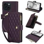 For iPhone 15 Plus YM016 Rhombic Zipper Card Wallet Leather Phone Case with Lanyard(Dark Purple)