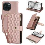 For iPhone 15 Plus YM016 Rhombic Zipper Card Wallet Leather Phone Case with Lanyard(Rose Gold)