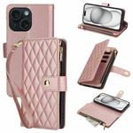 For iPhone 15 YM016 Rhombic Zipper Card Wallet Leather Phone Case with Lanyard(Rose Gold)