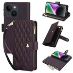 For iPhone 14 YM016 Rhombic Zipper Card Wallet Leather Phone Case with Lanyard(Dark Purple)