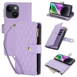 For iPhone 14 YM016 Rhombic Zipper Card Wallet Leather Phone Case with Lanyard(Light Purple)