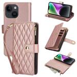 For iPhone 14 YM016 Rhombic Zipper Card Wallet Leather Phone Case with Lanyard(Rose Gold)