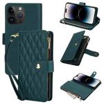 For iPhone 14 Pro YM016 Rhombic Zipper Card Wallet Leather Phone Case with Lanyard(Green)