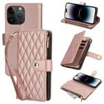 For iPhone 14 Pro YM016 Rhombic Zipper Card Wallet Leather Phone Case with Lanyard(Rose Gold)
