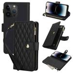 For iPhone 14 Pro YM016 Rhombic Zipper Card Wallet Leather Phone Case with Lanyard(Black)