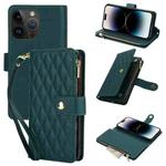 For iPhone 14 Pro Max YM016 Rhombic Zipper Card Wallet Leather Phone Case with Lanyard(Green)