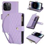 For iPhone 14 Pro Max YM016 Rhombic Zipper Card Wallet Leather Phone Case with Lanyard(Light Purple)